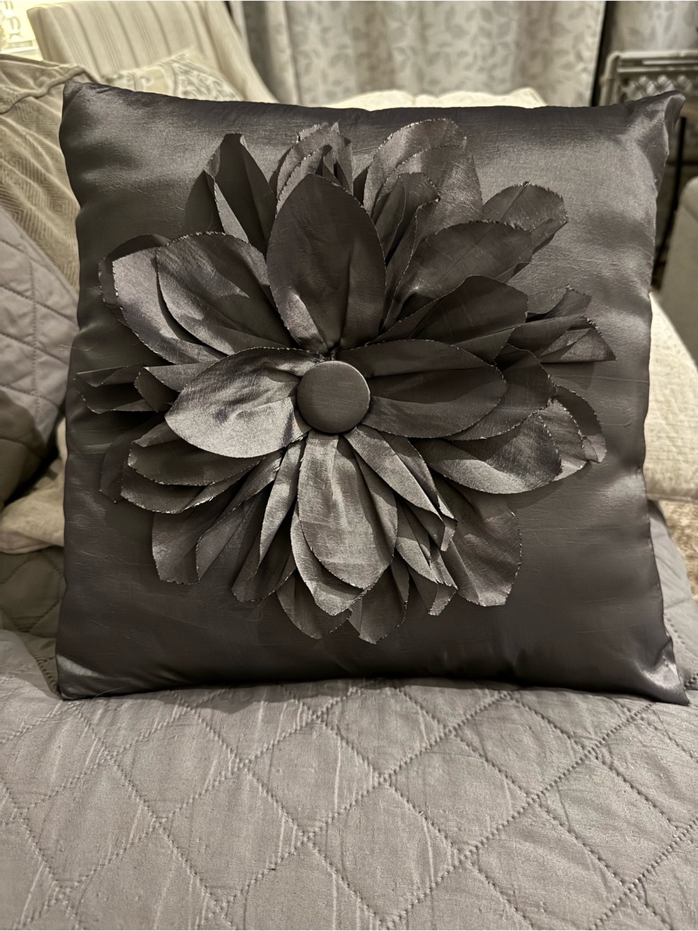 Decorative Charcoal Satin like Flower Throw Pillow - Home Accents